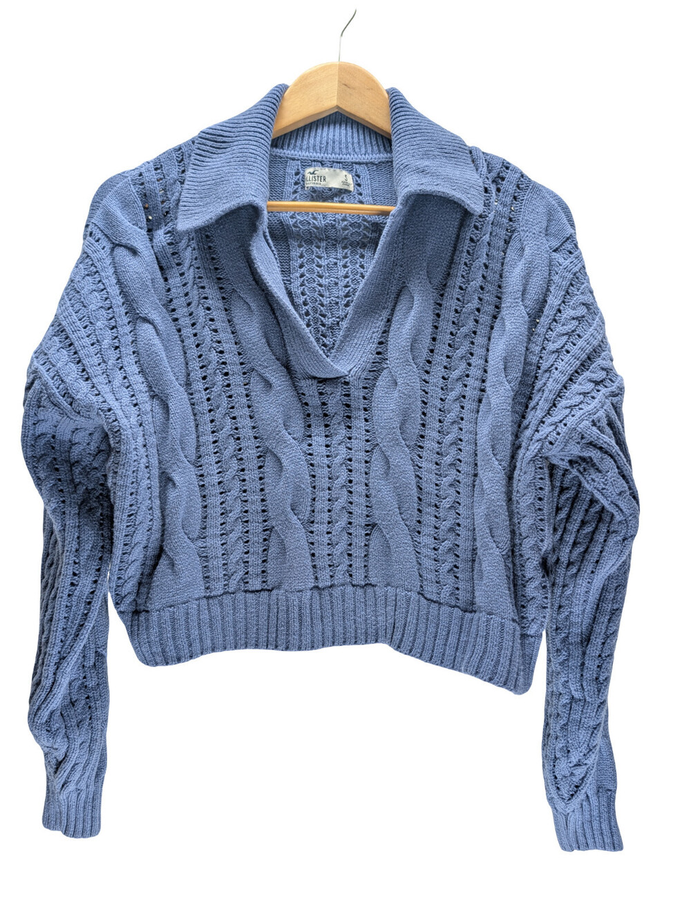Hollister Sweater Women S Cropped Cable Knit Collared Blue